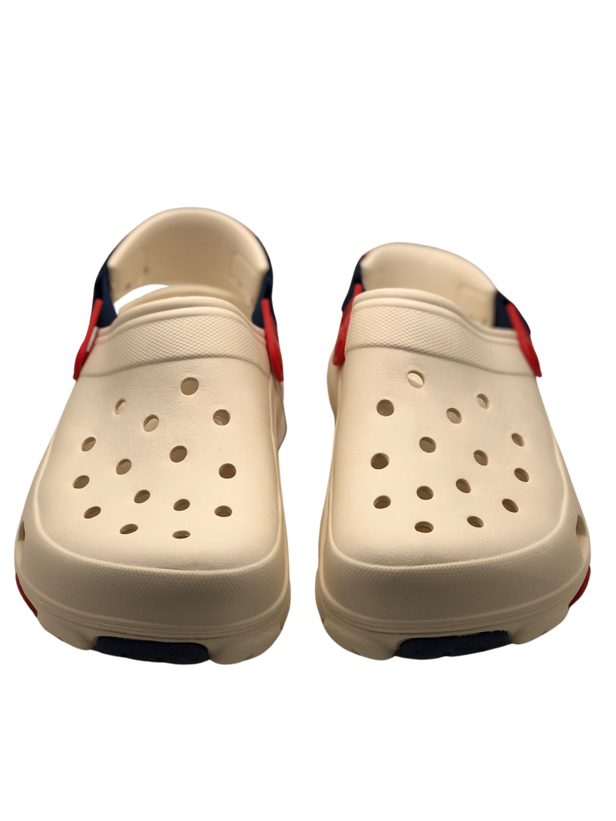 White Crocs Clogs with Red and Blue Accents