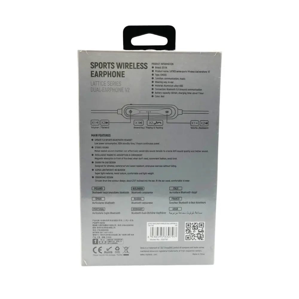 Box packaging of sports wireless earphones with text and graphics