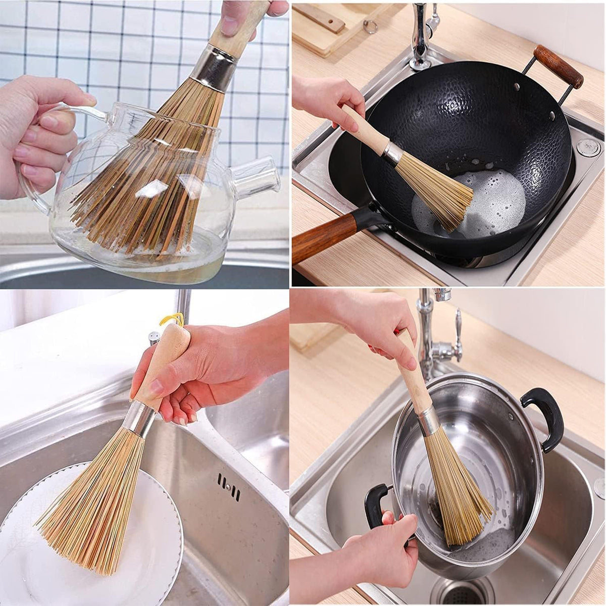 Bamboo Wok Brush & Non-Stick Kitchen Pot Scrubber with Ergonomic Wooden Handle