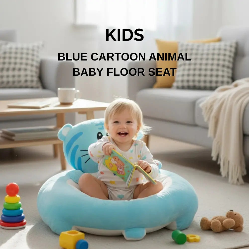 Child sitting on a blue cartoon animal baby floor seat