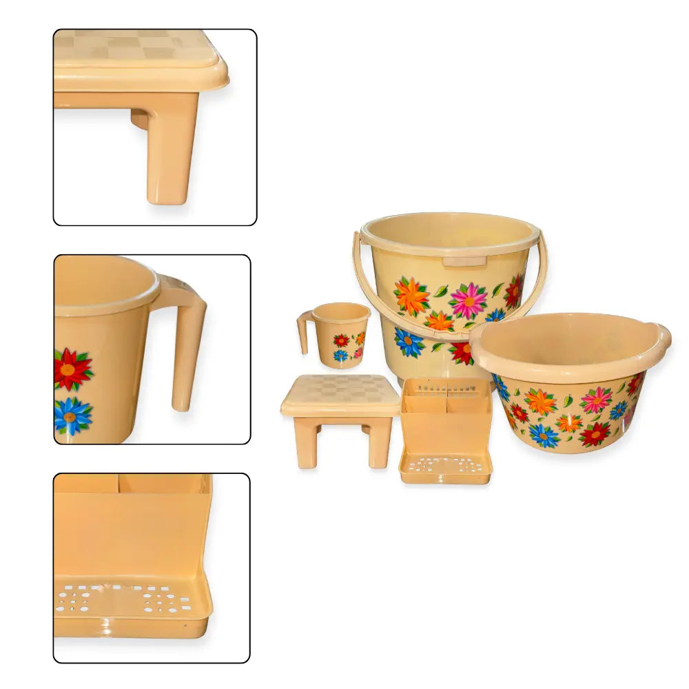 Set of bathroom buckets and accessories with floral design of beige color