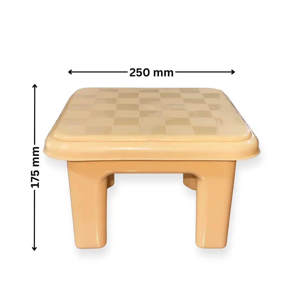 Beige bathroom stool with dimensions labeled