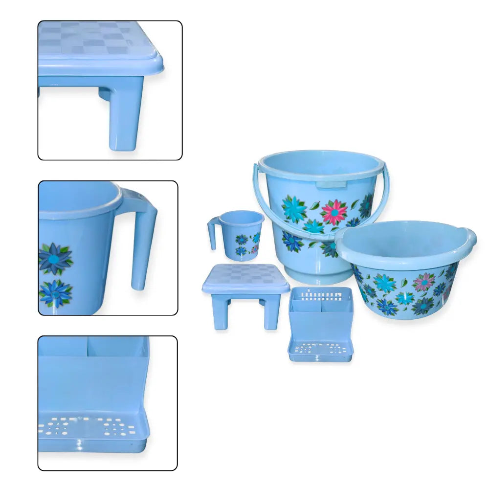 Set of blue plastic buckets and stools with floral designs