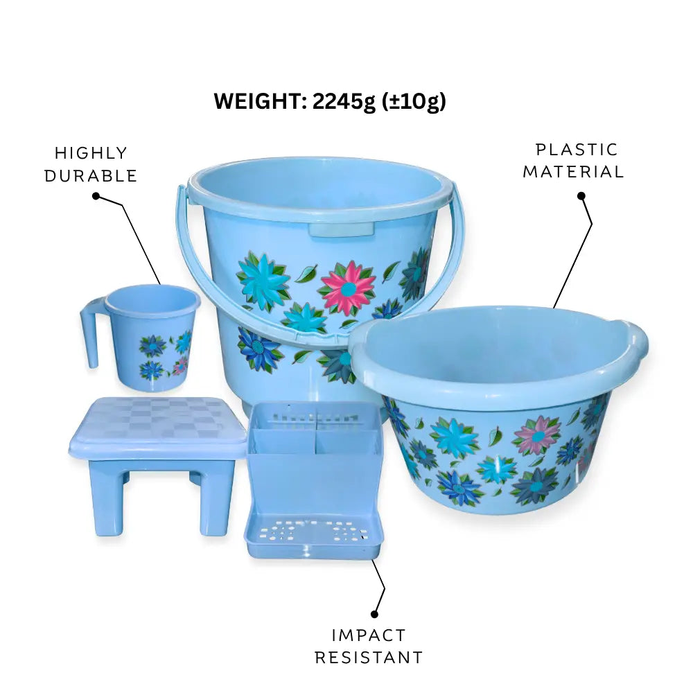Set of blue bath set including bathroom buckets with floral designs, with weight label and material information.