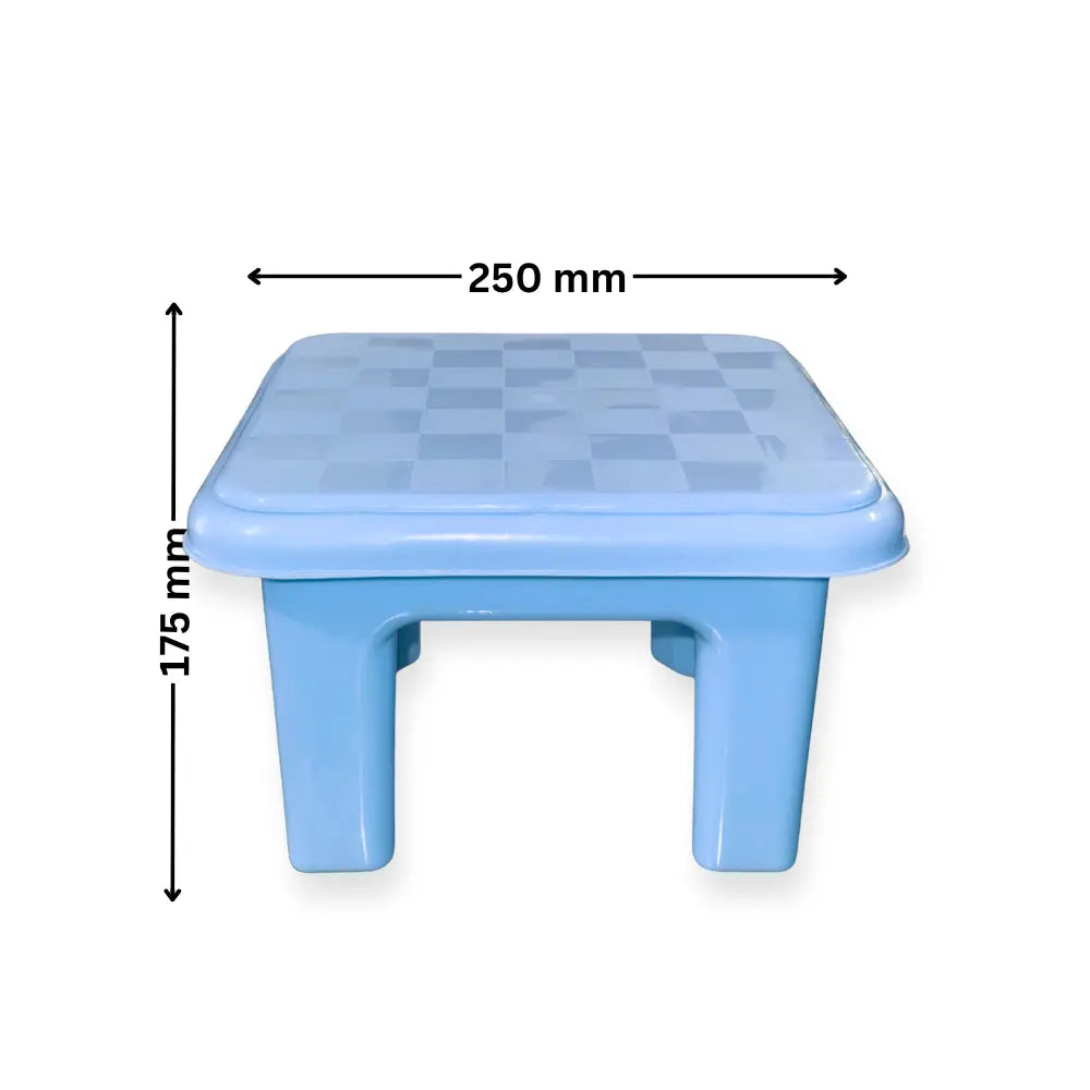 Blue bathroom stool with dimensions labeled