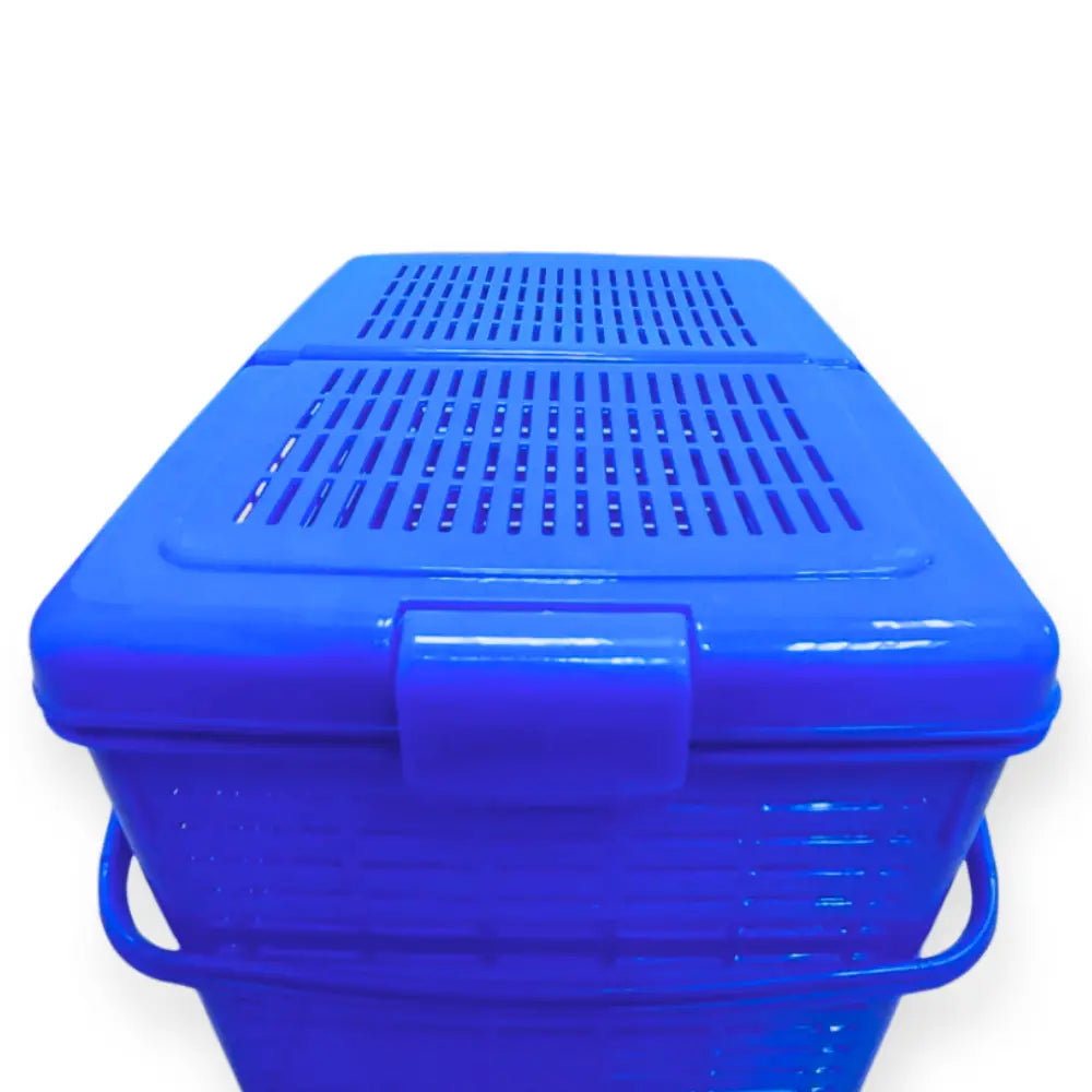 Blue plastic storage container with closed lid