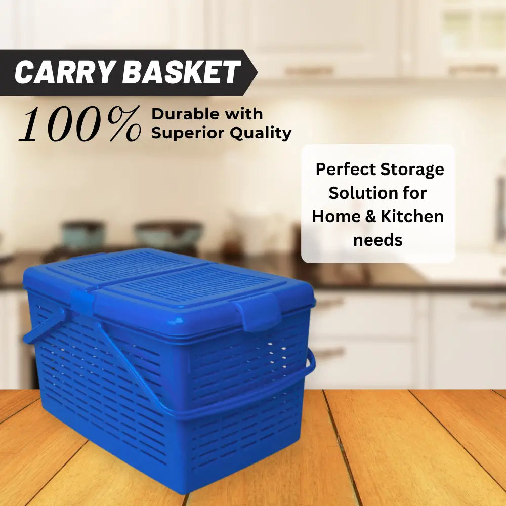 Blue storage basket with a lid on a wooden floor, labeled as durable and suitable for home and kitchen use.