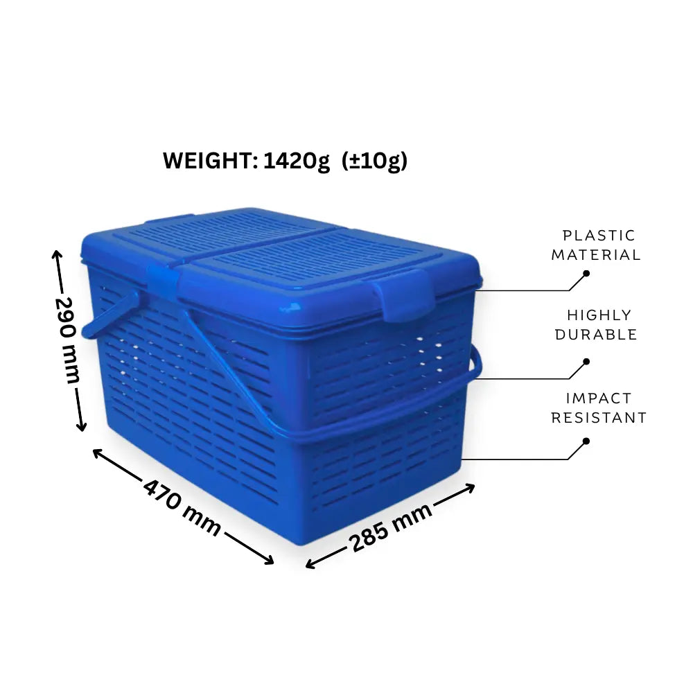 Blue plastic container with measurements and material properties