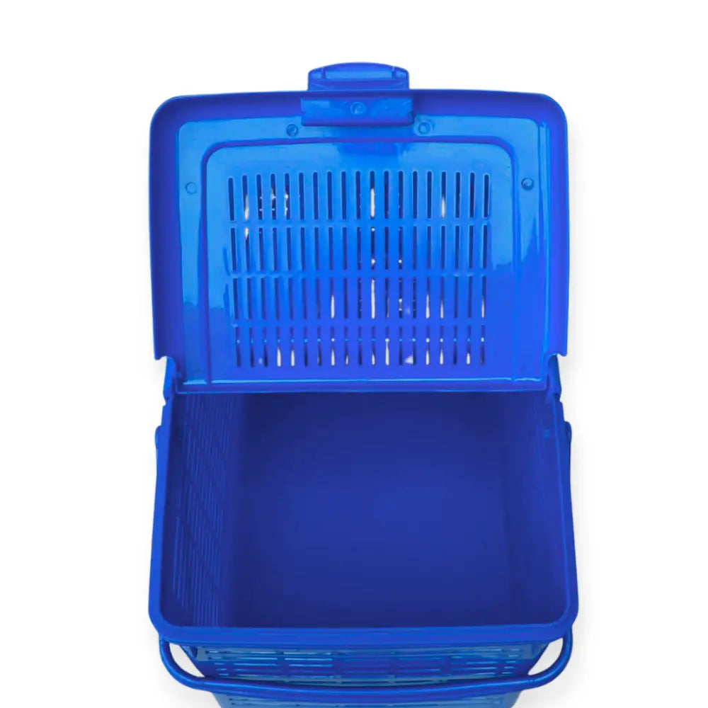 Blue plastic basket with an open lid