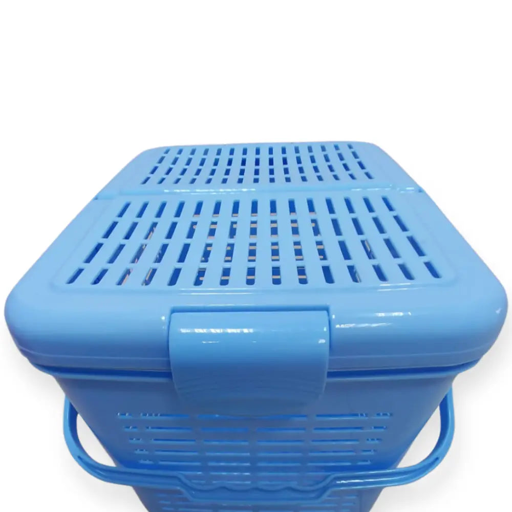Blue plastic storage basket with a lid