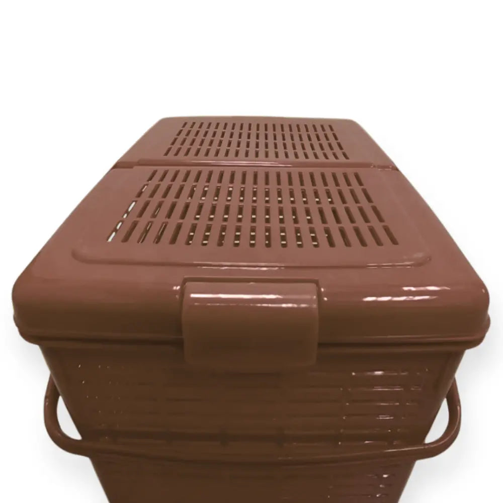 Brown plastic storage basket with closed lid