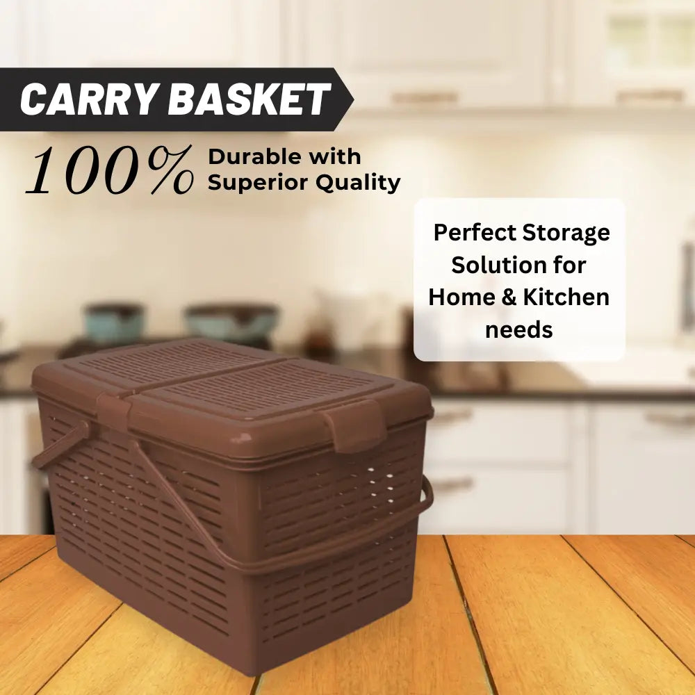 Brown carry basket with text about durability and storage solutions on a kitchen background