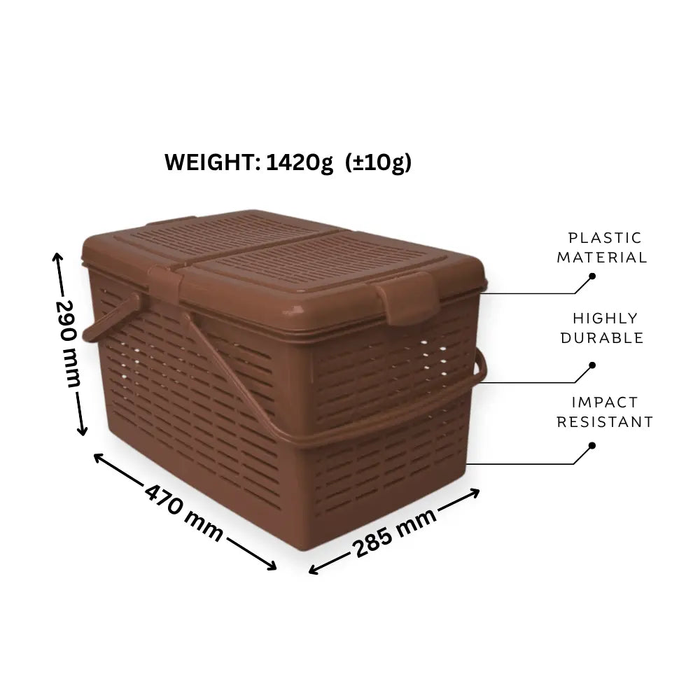 Brown storage box with measurements and material properties