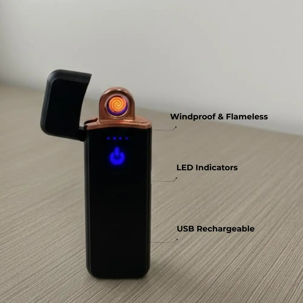 Black windproof flameless lighter with LED indicators