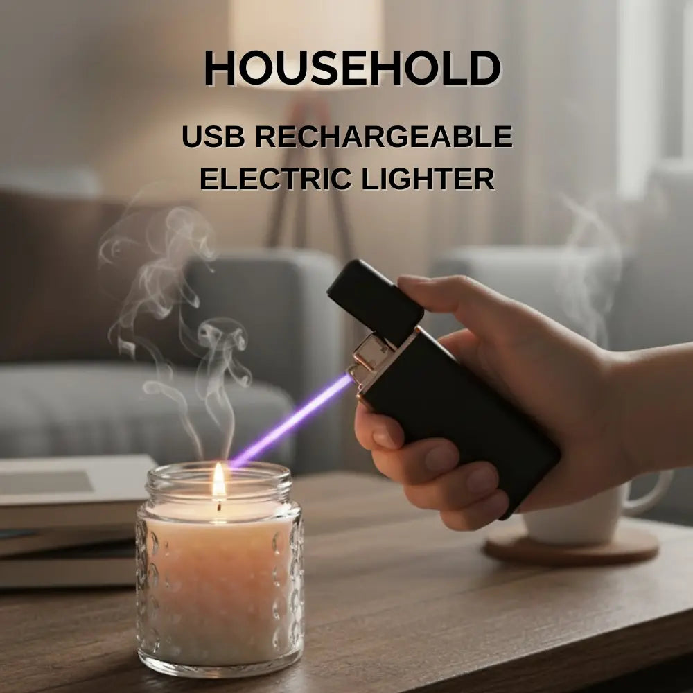 Hand using a USB rechargeable electric lighter to light a candle on a table.