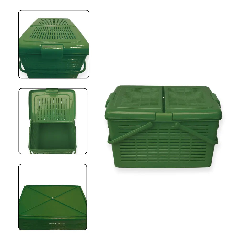 Green plastic storage basket with lid