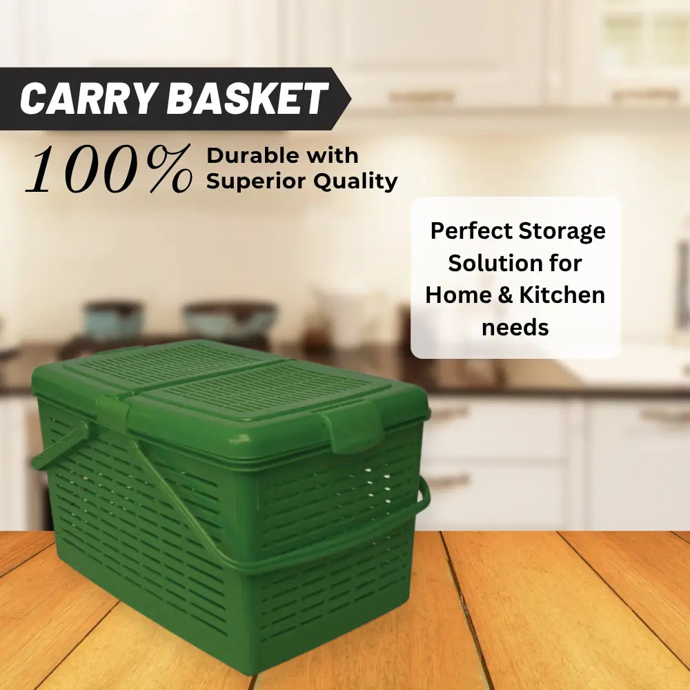 Green carry basket with text about durability and storage solutions on a kitchen background