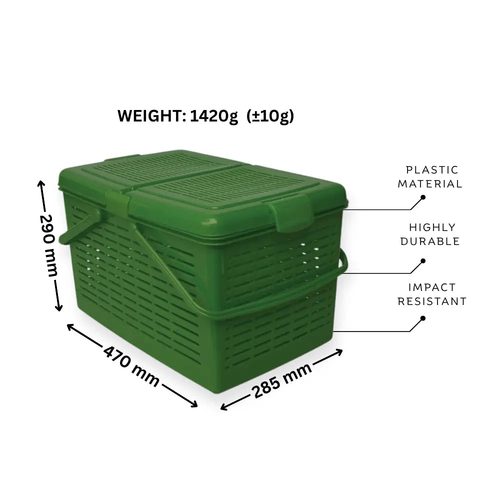 Green plastic storage box with measurements and material properties
