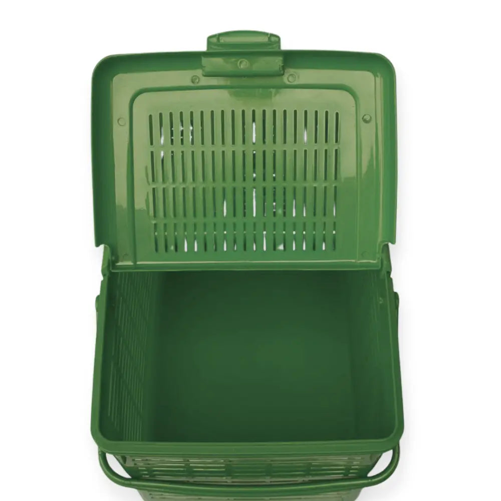 Green plastic storage basket with an open lid