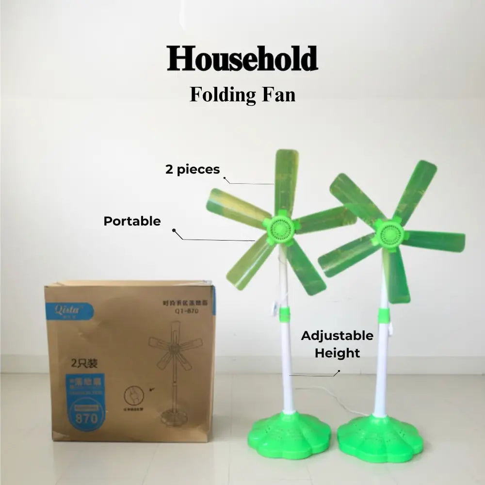 Two green folding fans with a box labeled 'Household Folding Fan'