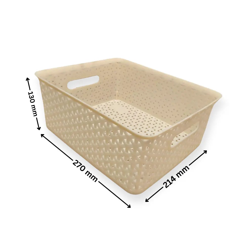 Beige storage basket with dimensions indicated