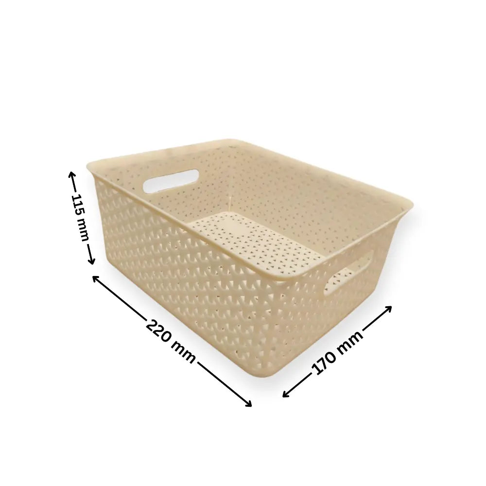Beige storage basket with dimensions indicated