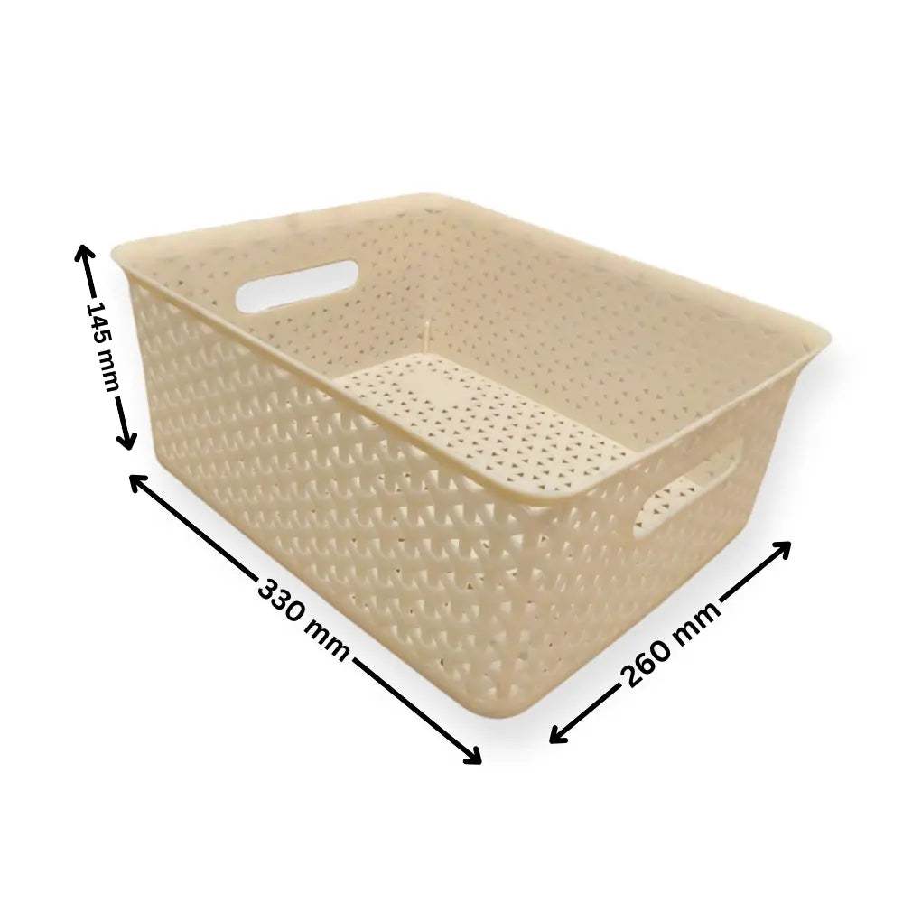 Beige woven storage basket with dimensions indicated