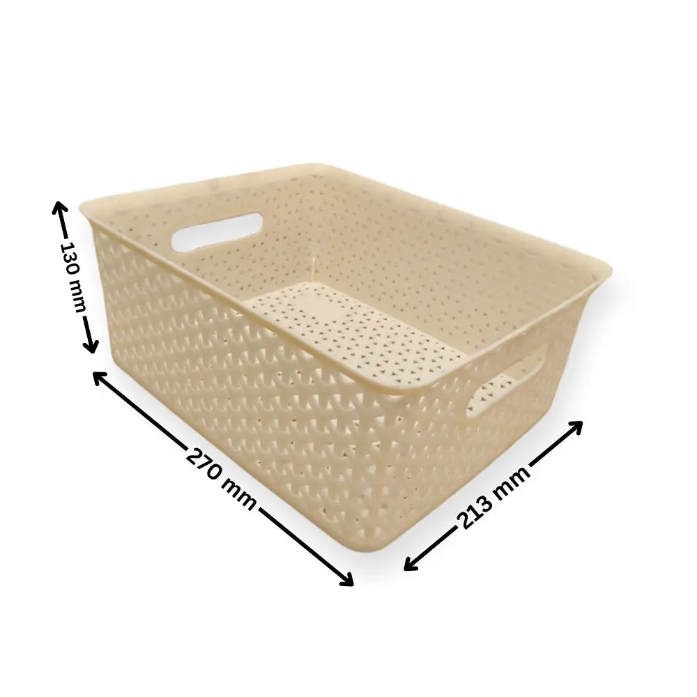 Beige storage basket with dimensions indicated