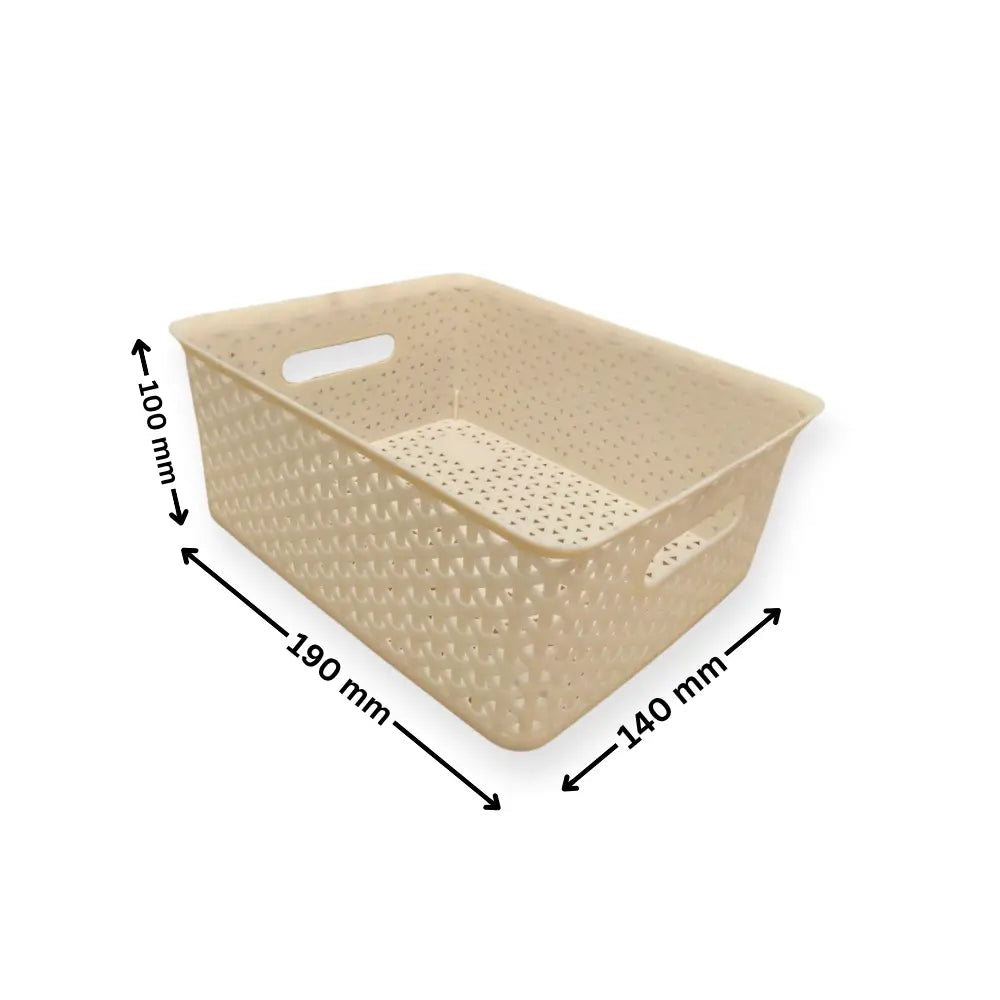 Beige storage basket with dimensions indicated