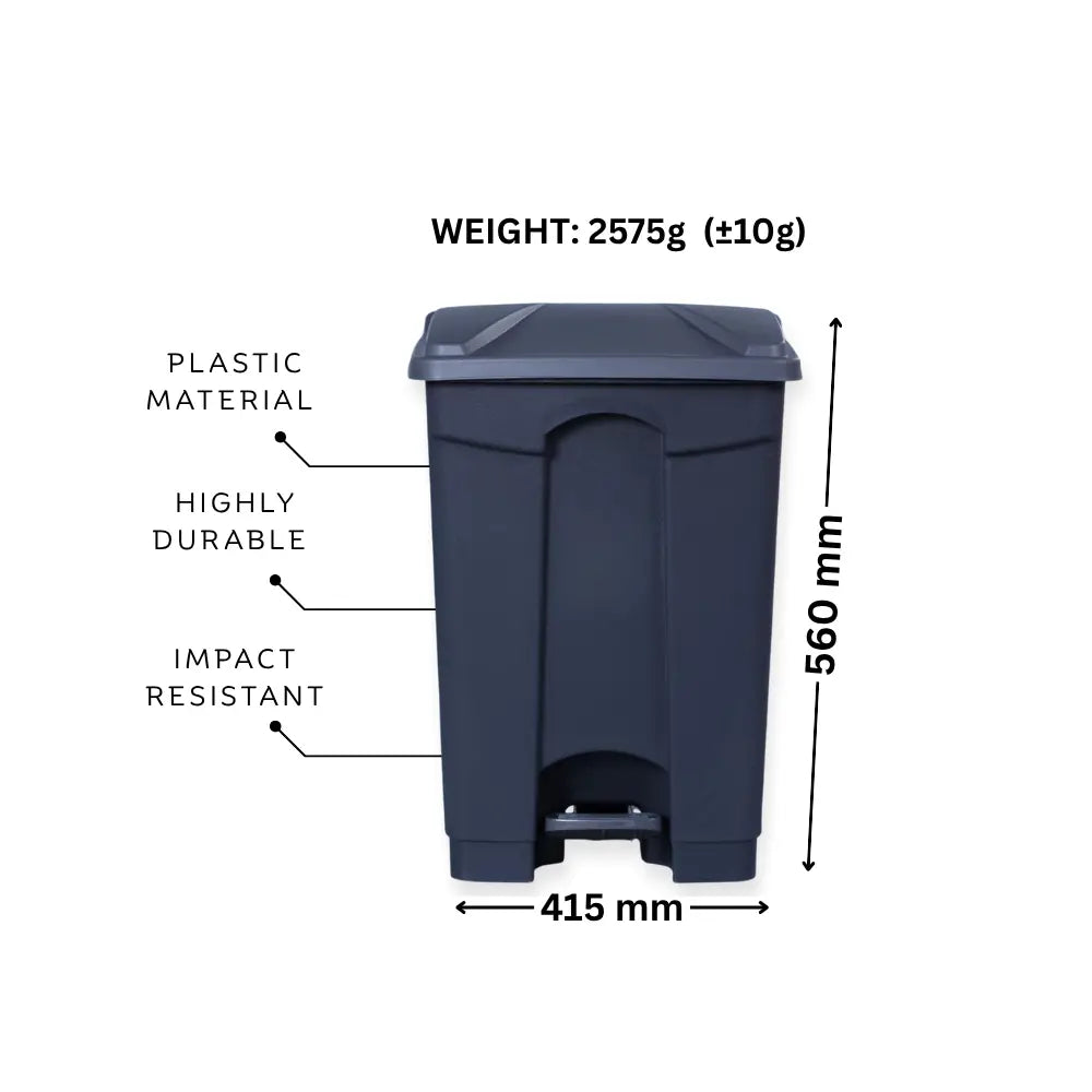 Grey trash bin with weight, material, durability, and dimensions