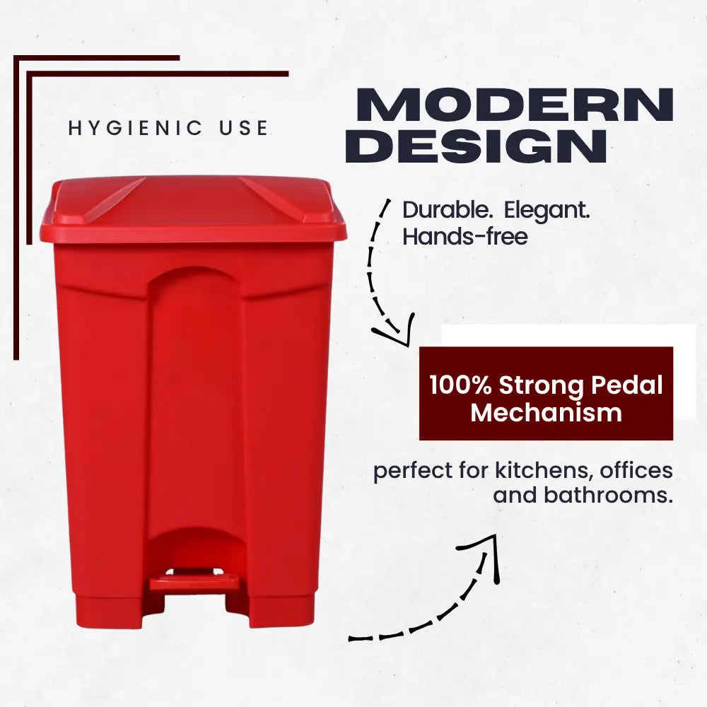 Red pedal bin with text highlighting hygienic use, modern design, durability, and features.