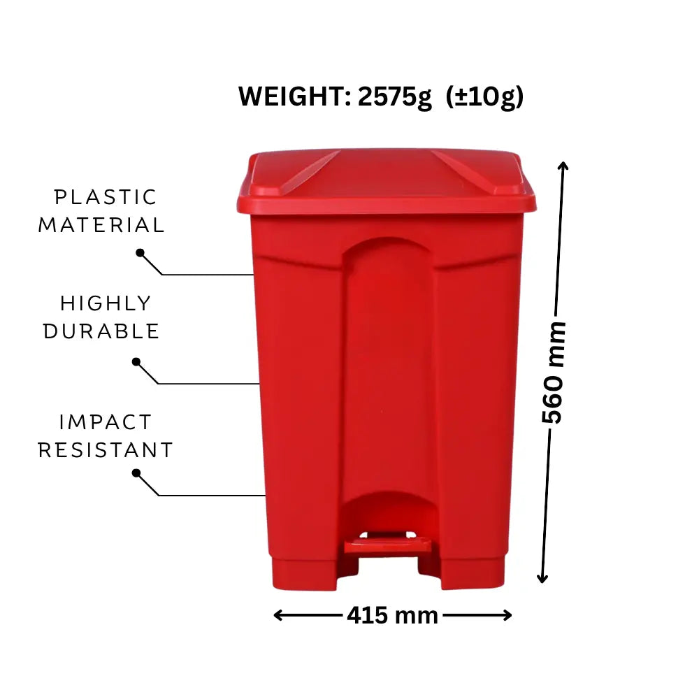 Red trash bin with weight, material, and dimensions labeled