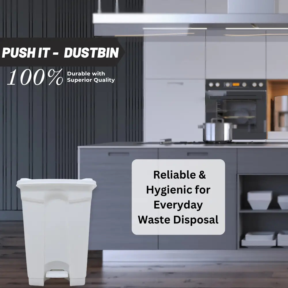 White dustbin in a modern kitchen with promotional text about durability and hygiene.
