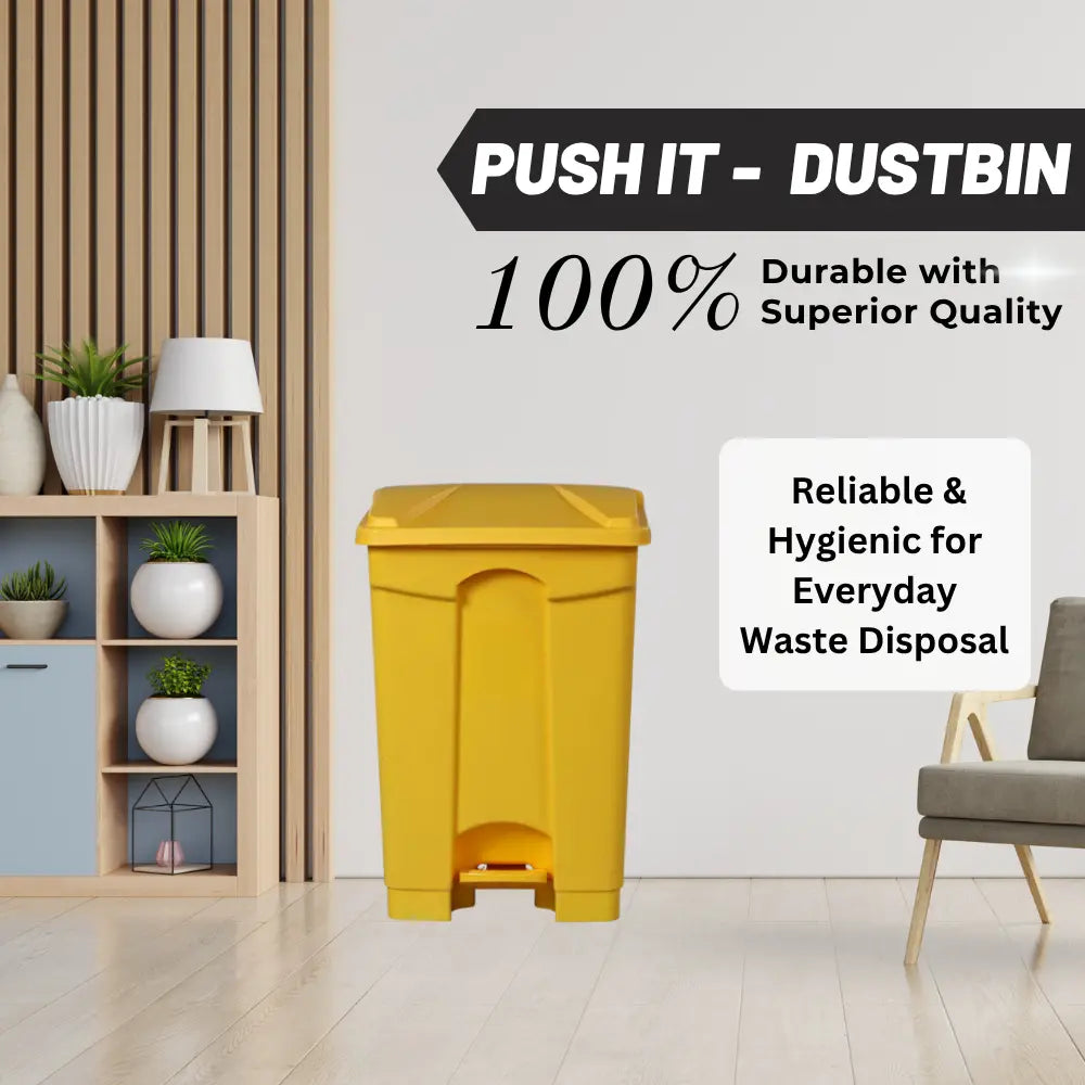 Yellow trash bin in a room with text highlighting durability and hygiene.