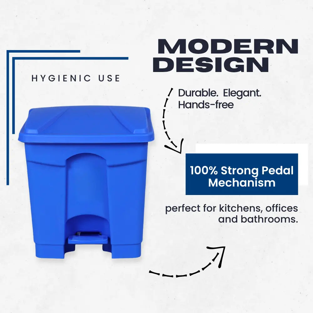 Blue pedal bin with text highlighting its features