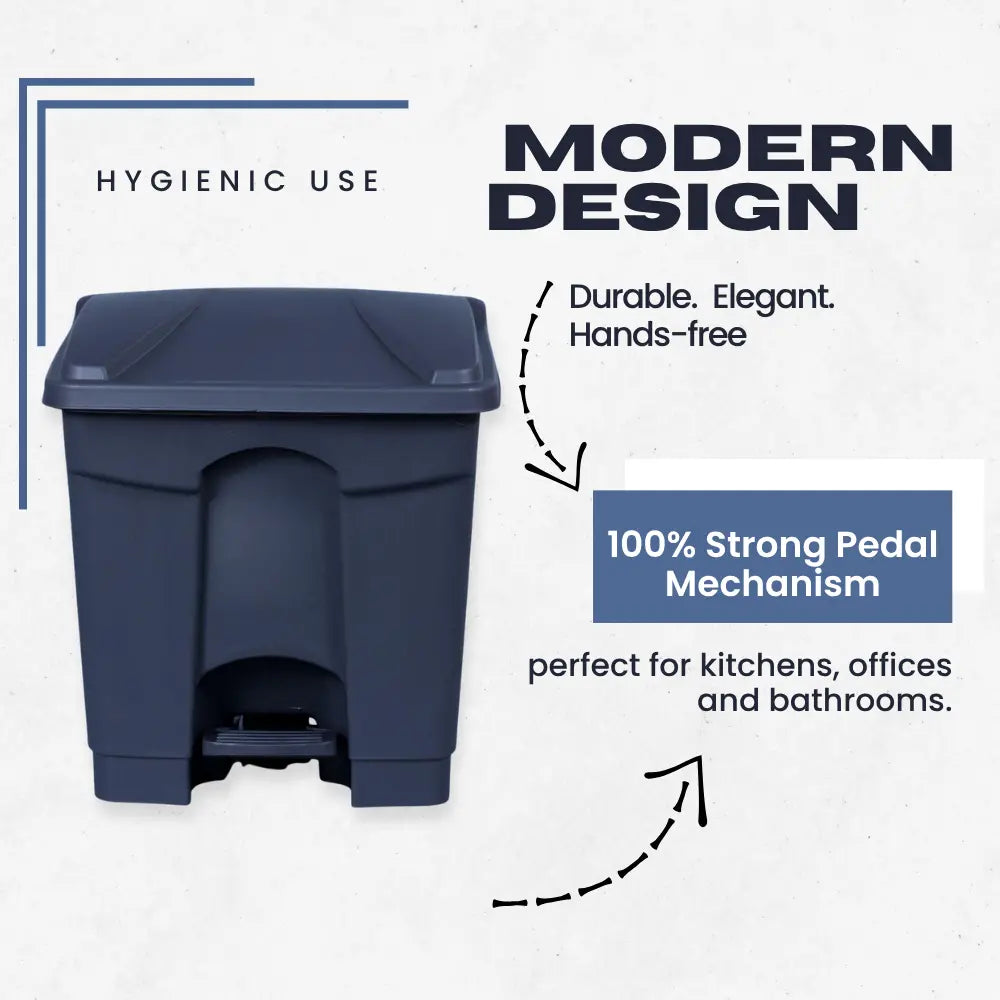 Grey pedal bin with text highlighting its features