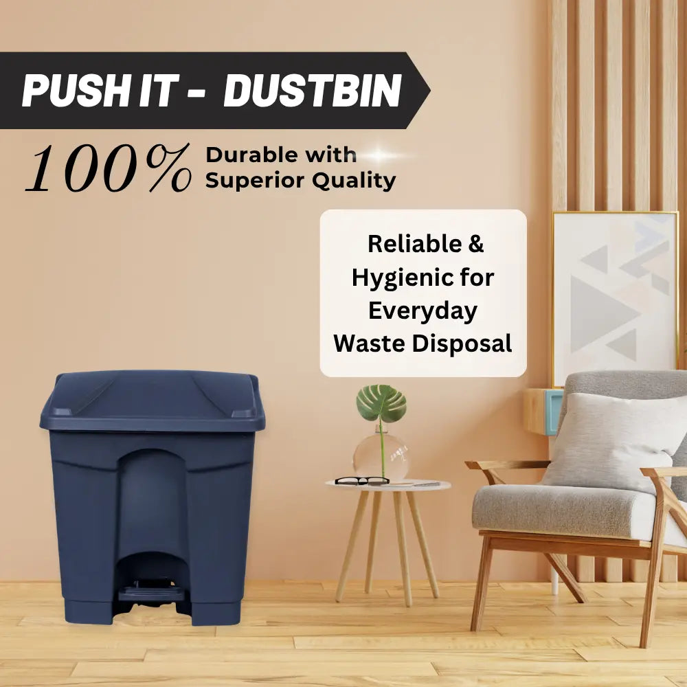 Grey dustbin in a living room setting with promotional text about durability and hygiene.