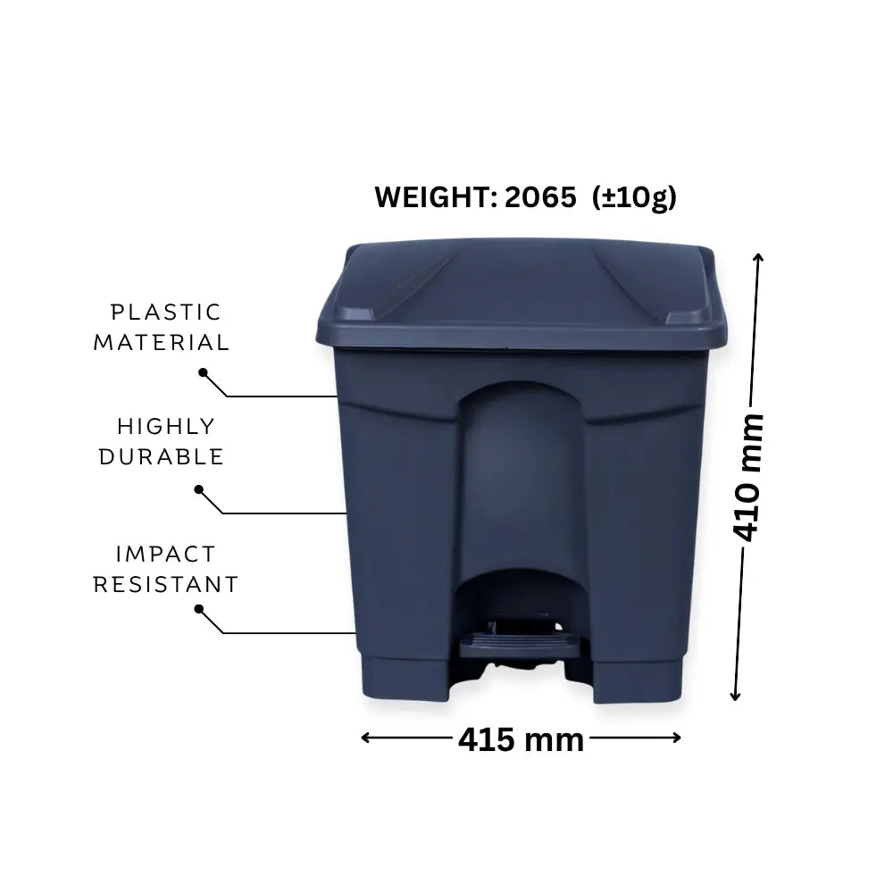 Grey trash bin with weight, material, durability, and dimensions labeled