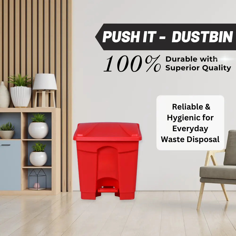 Red dustbin in a room with text highlighting durability and hygiene.