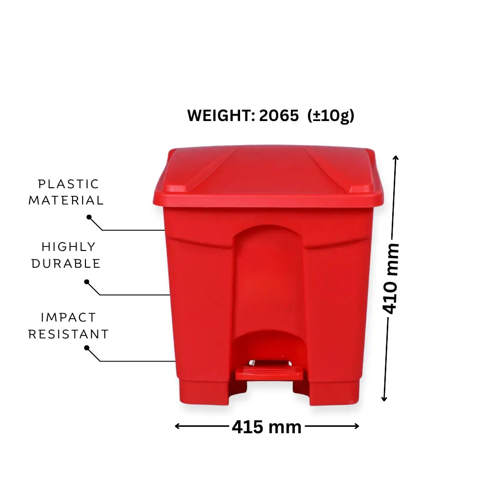 Red pedal bin with measurements and material properties