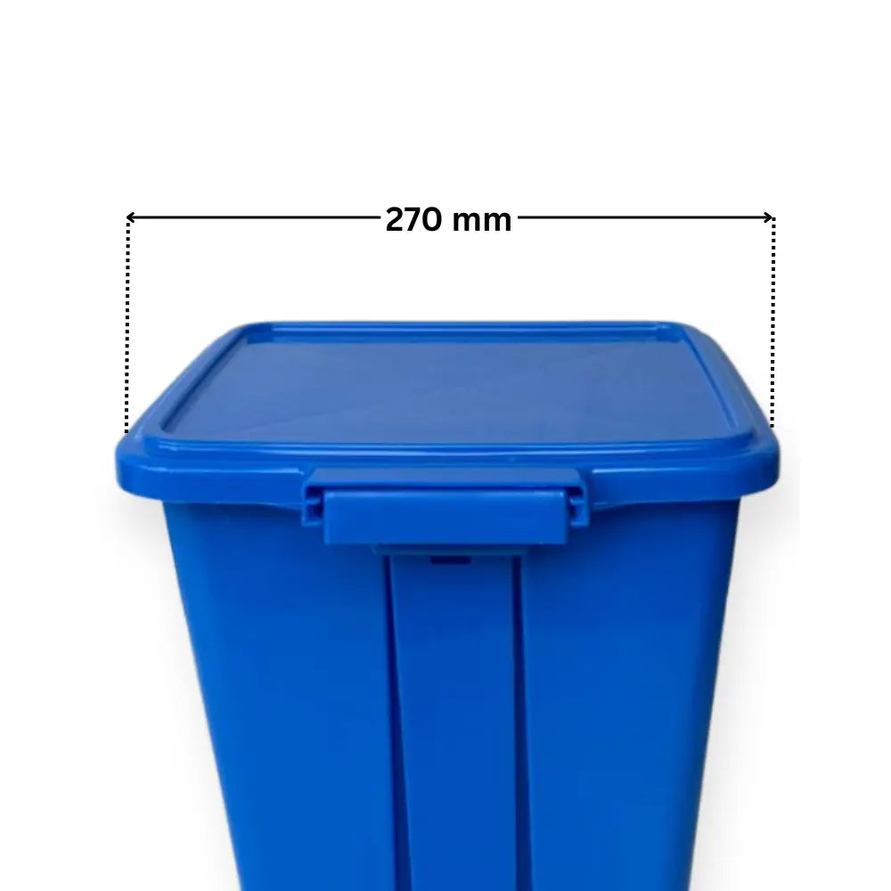 Blue trash bin with dimensions indicated