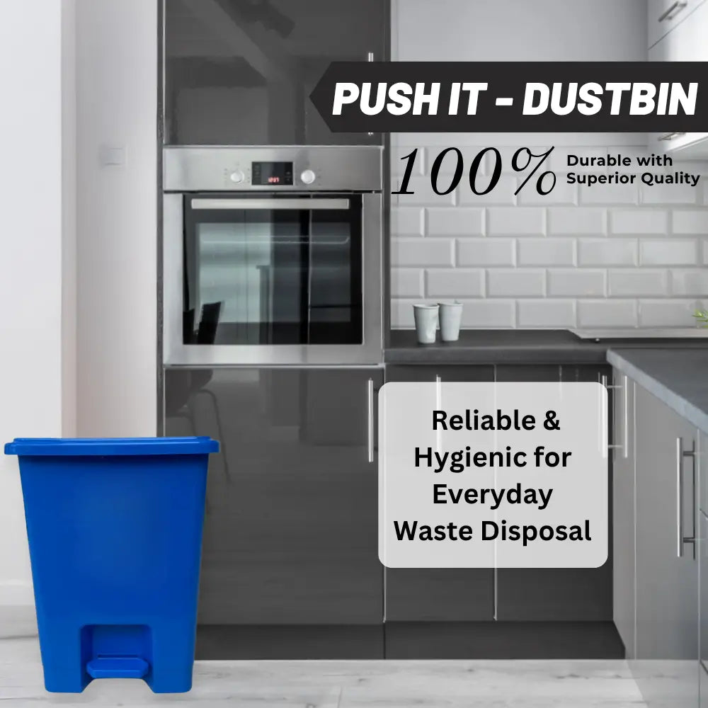 Blue bin in a modern kitchen with text about durability and hygiene.