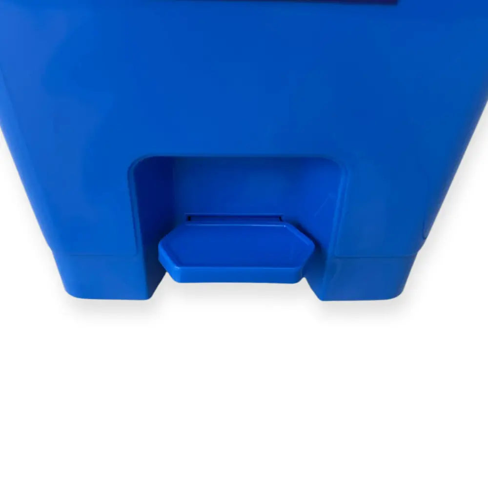 Close-up of a blue plastic trash container with a foot pedal