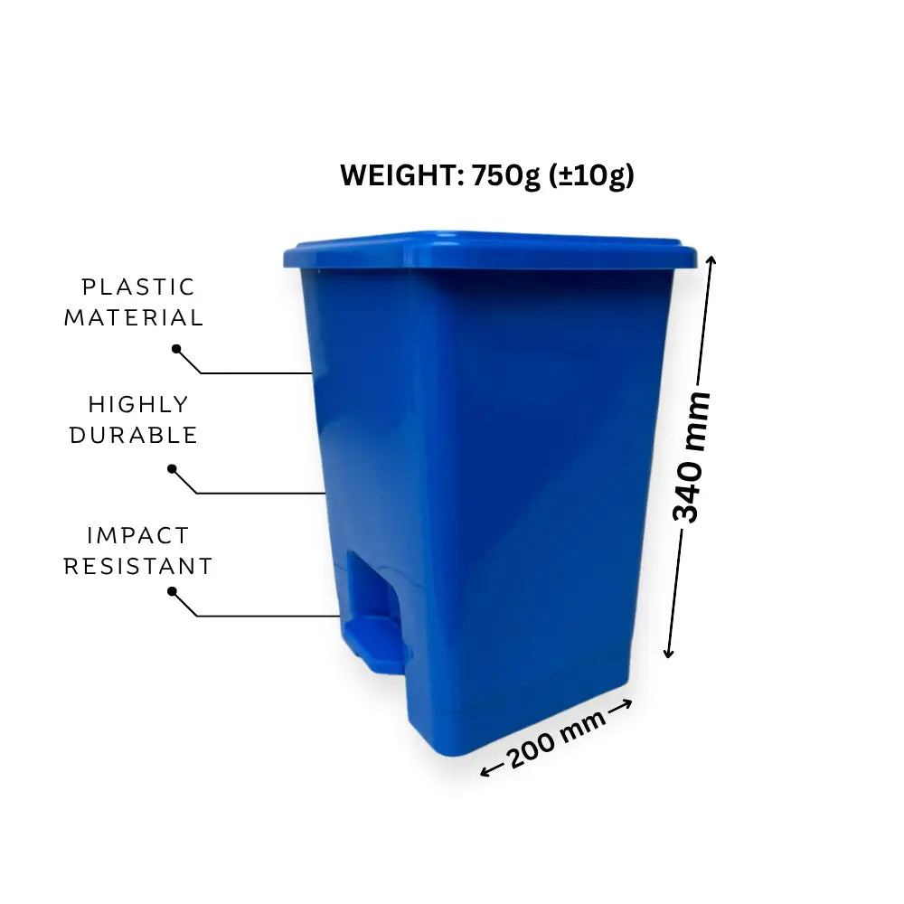 Blue trash bin with weight, material, and dimensions labeled