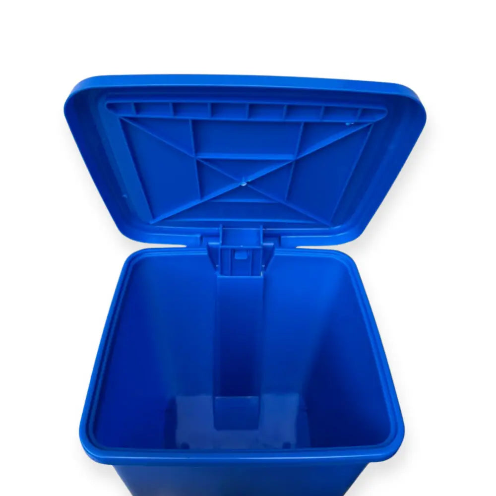 Blue trash bin with open lid