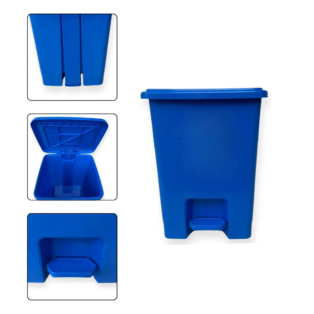 Blue plastic step-on trash can with detailed views