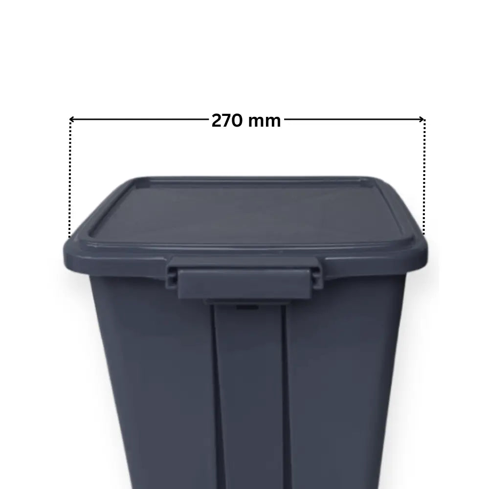 grey trash bin with dimensions indicated
