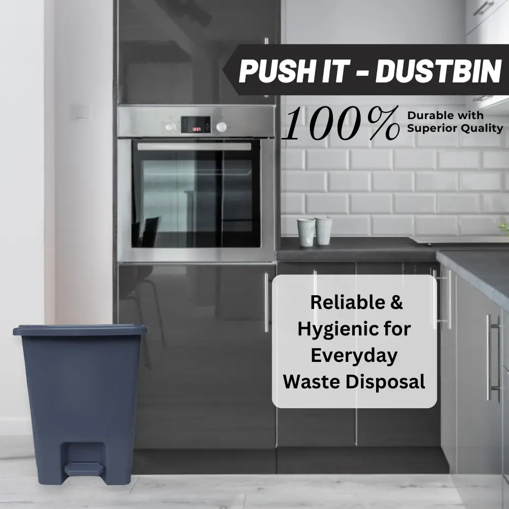 Grey bin in a modern kitchen with text about durability and hygiene.