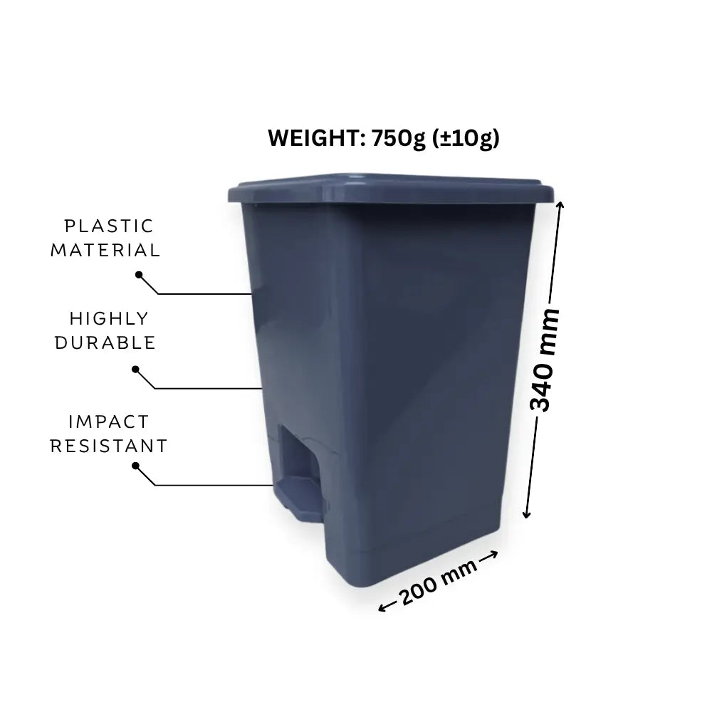 Grey trash bin with weight, material, and dimensions labeled