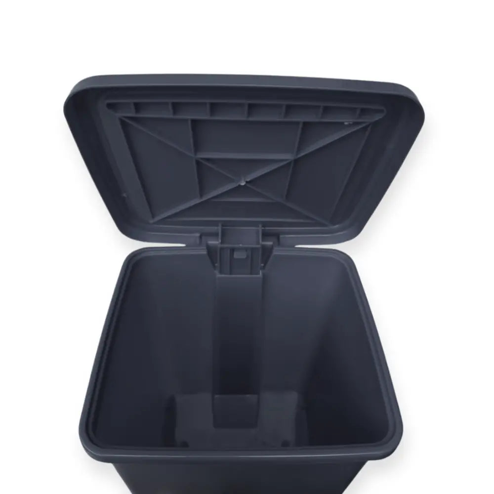 Grey plastic bin with open lid